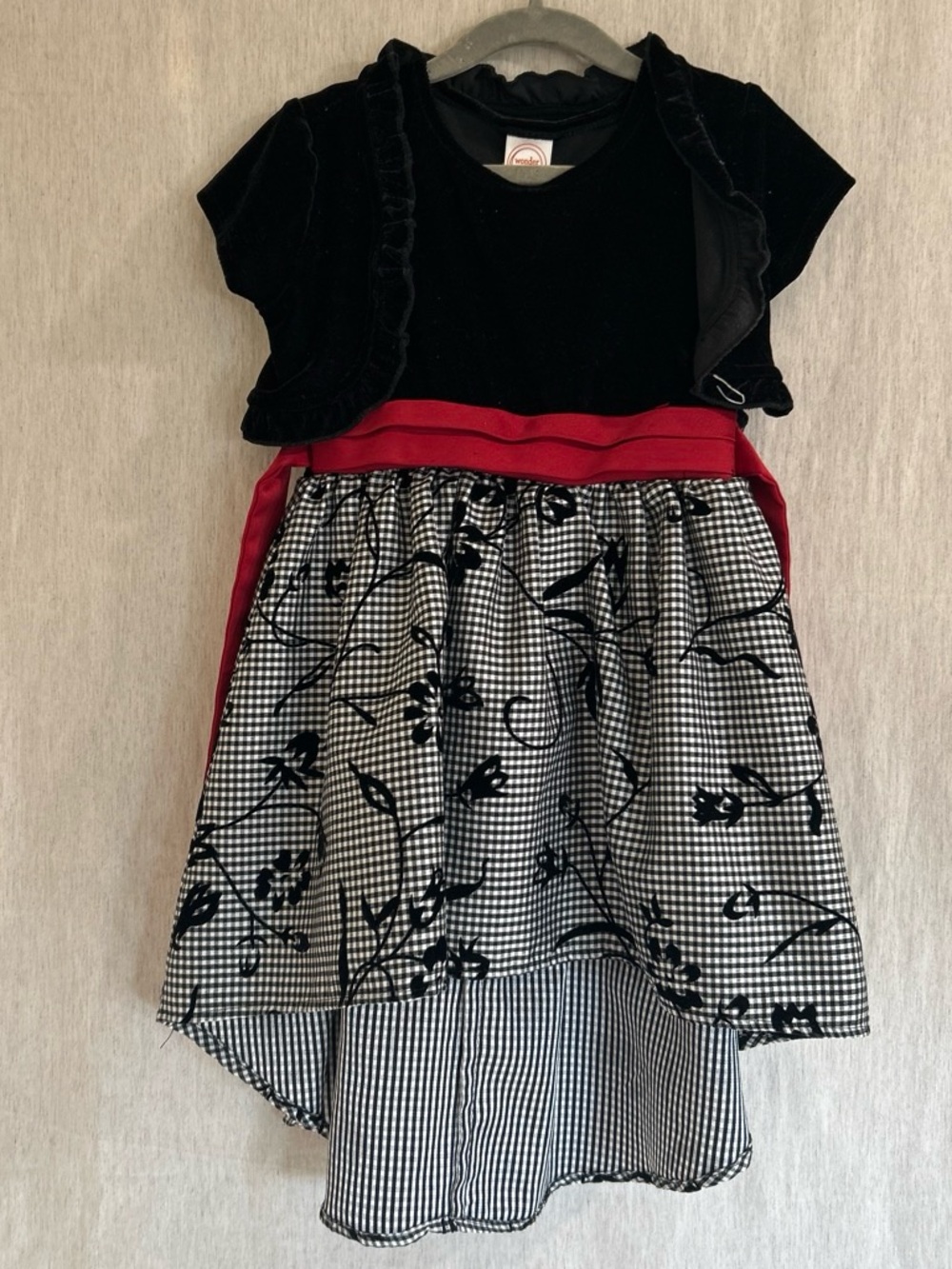 Girls Black Velvet & Gingham Floral Dress with Red Sash